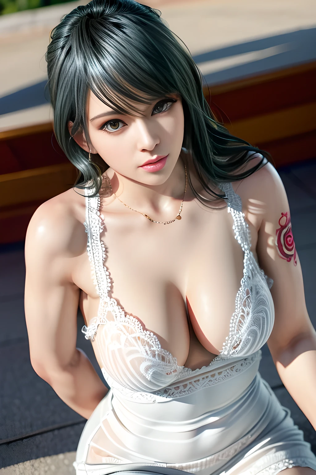 1girl, white knit dress, appealing cleavage,( beautiful tattoo:1.2), overhead view, beautiful detailed eyes, beautiful detailed lips, extremely detailed eyes and face, long eyelashes, feminine charm, detailed texture, snug fit, fashionable, soft fabric, radiant skin, (best quality,4k,8k,highres,masterpiece:1.2), ultra-detailed, (realistic,photorealistic,photo-realistic:1.37), tamaki