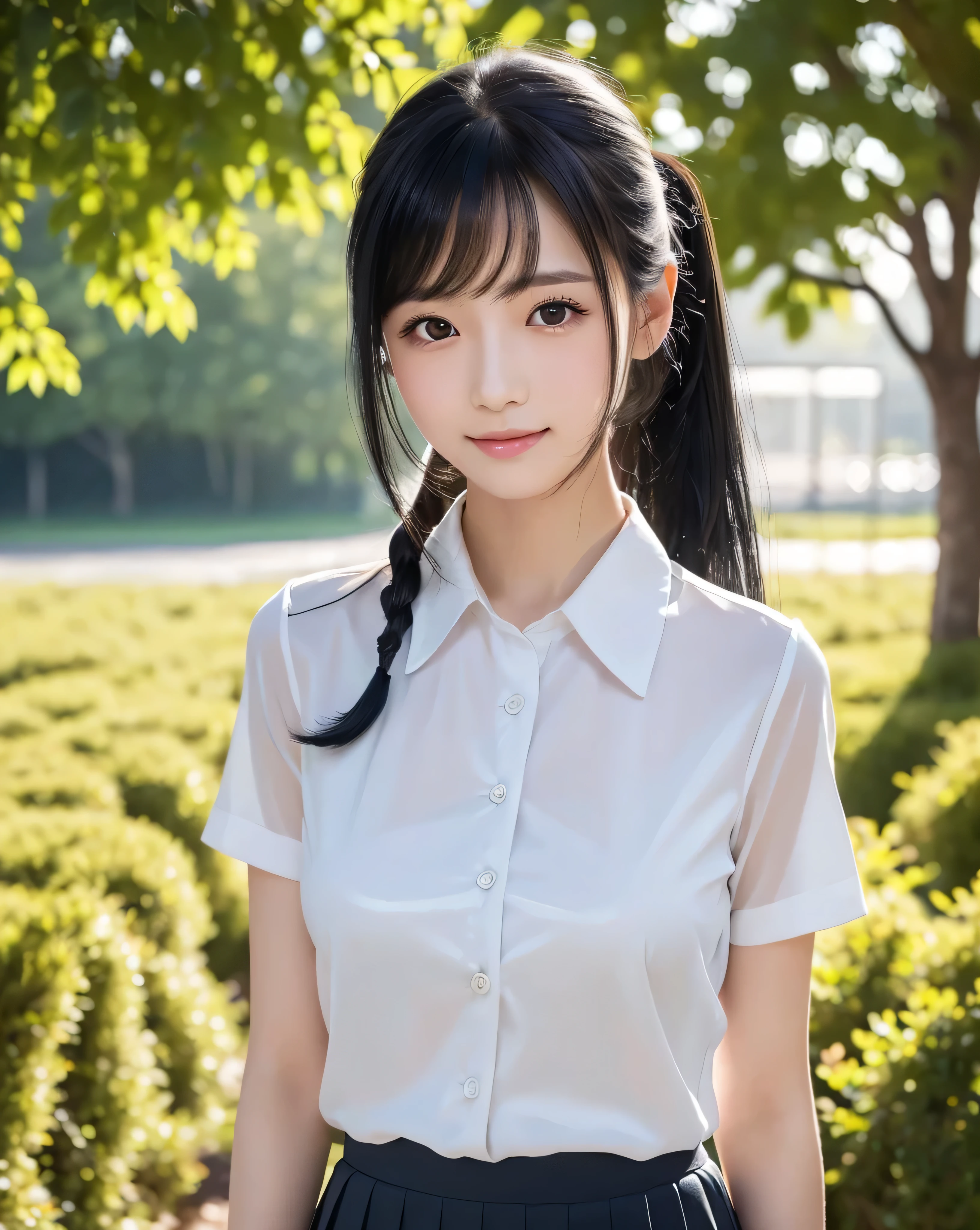 (highest quality, 32k, High resolution, Masterpiece:1.5, ), god々A photograph with brilliant dazzling and healing power., Evoking a sense of calm and elusive beauty, Expressing emotions, Have a rich imagination, Beautiful Japanese Girls, An exceptionally beautiful face, Perfect Human Anatomy, Magical big eyes, fleeting smile, Motherhood and generosity, ((Shiny black hair:1.3), ((Beautiful ponytail)), Asymmetrical bangs, Hair between the eyes, Transparent, soft white skin, Neat, thin eyebrows, double eyelid, Natural Makeup, Cheek highlighter, Pale pink detailed lips, ((School Uniform:1.4)), White dress shirt, Longer ties, Grey pleated skirt, Detailed summer sky, Slim figure with ample breasts, High resolutionの美しい太もも, Hair that shines in the dazzling midsummer sunlight, Professional Lighting, Professional photographer, Professional models, God's Secret