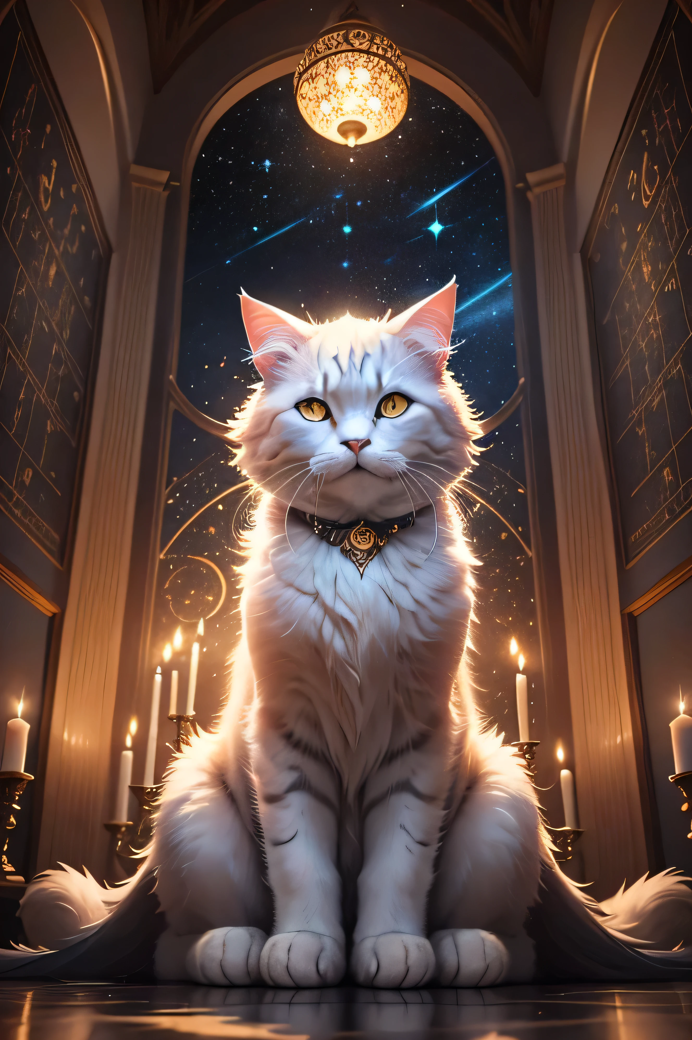 a fluffy cat，Curious expression，Sitting in front of an ancient astrological chart, Claws gently touch intricate designs. Its fur, Soft and inviting, Contrast with the ancient parchment and mystical symbols covering the diagram. The room is illuminated by the warm glow of candles, Casts flickering shadows on the wall. When a cat stares intently at an astrological symbol，they seem to come to life, Its sharp gaze is focused on the dancing stars and constellations in the heavens. The soothing sound of the fountain flowing in the background adds to the peaceful atmosphere, Create a charming and magical atmosphere.