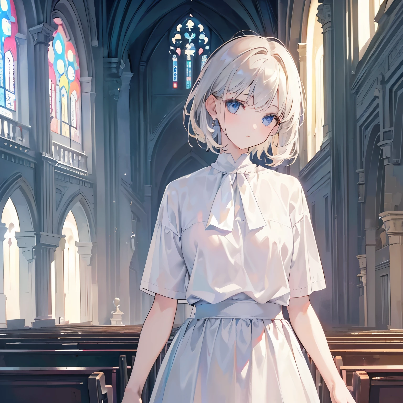 masterpiece, best quality, 1 girl, solo, , (flat chest), MShizukaV4, Monastic Clothes, church, full body,