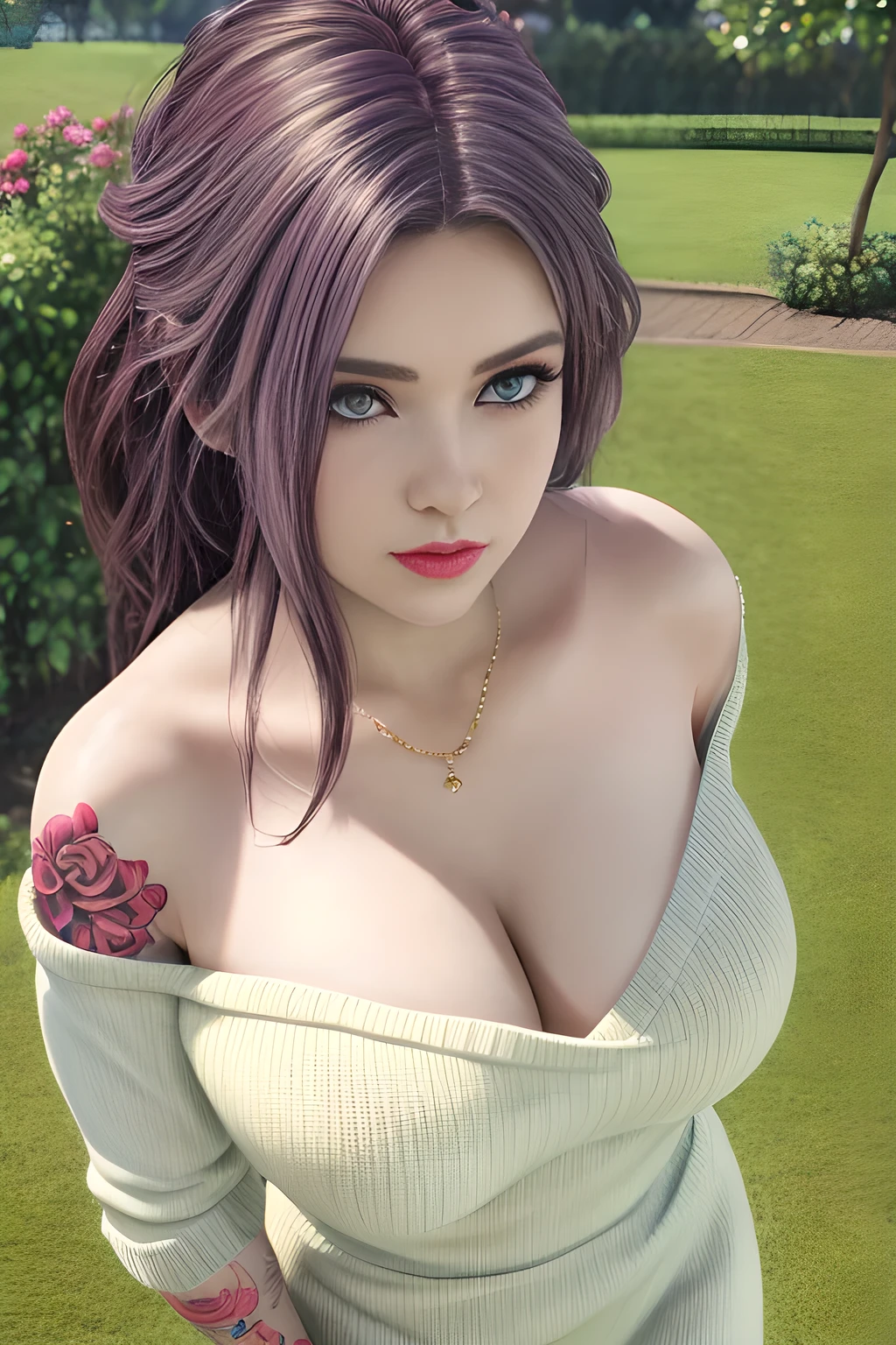 1girl, in a garden, white knit dress, appealing cleavage,( beautiful tattoo:1.2), overhead view, beautiful detailed eyes, beautiful detailed lips, extremely detailed eyes and face, long eyelashes, greenery around, blooming flowers, bright sunlight, shady trees, outdoor setting, feminine charm, detailed texture, snug fit, fashionable, soft fabric, radiant skin, (best quality,4k,8k,highres,masterpiece:1.2), ultra-detailed, (realistic,photorealistic,photo-realistic:1.37), elise,