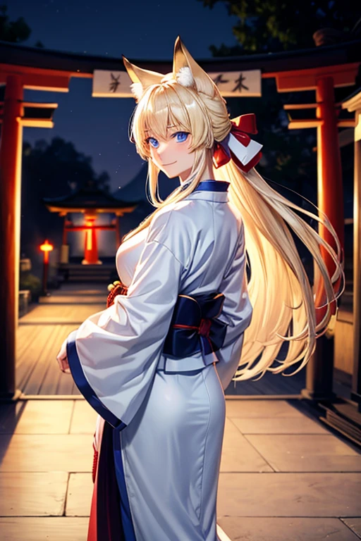 Long blonde young man Kemomimi Blue Eyes White kimono Fan in hand Back view Turning around Smiling shyly Dancing Domestic torii night darkness unrealistic Fox fire all around