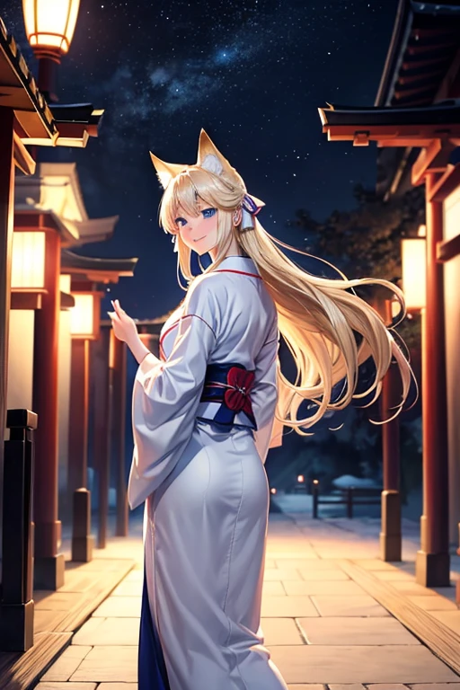 Long blonde young man　Kemomimi　Blue Eyes　White kimono　Fan in hand　Back view　Turning around　Smiling shyly　Dancing　Domestic　torii　night　darkness　unrealistic　Fox fire all around　