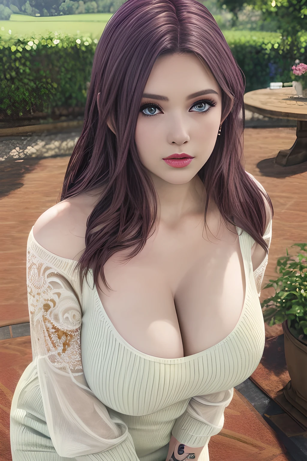 1girl, in a garden, white knit dress, appealing cleavage,( beautiful tattoo:1.2), overhead view, beautiful detailed eyes, beautiful detailed lips, extremely detailed eyes and face, long eyelashes, greenery around, blooming flowers, bright sunlight, shady trees, outdoor setting, feminine charm, detailed texture, snug fit, fashionable, soft fabric, radiant skin, (best quality,4k,8k,highres,masterpiece:1.2), ultra-detailed, (realistic,photorealistic,photo-realistic:1.37), elise,