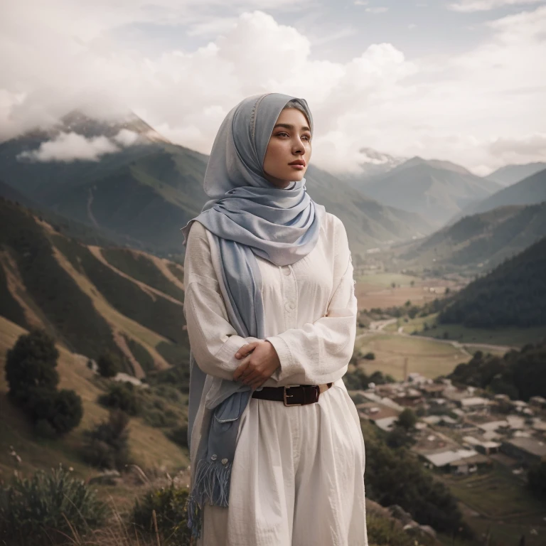 cinematic potret studio, masterpiece, best quality, a woman on a hill wearing a blue hijab and all white clothes