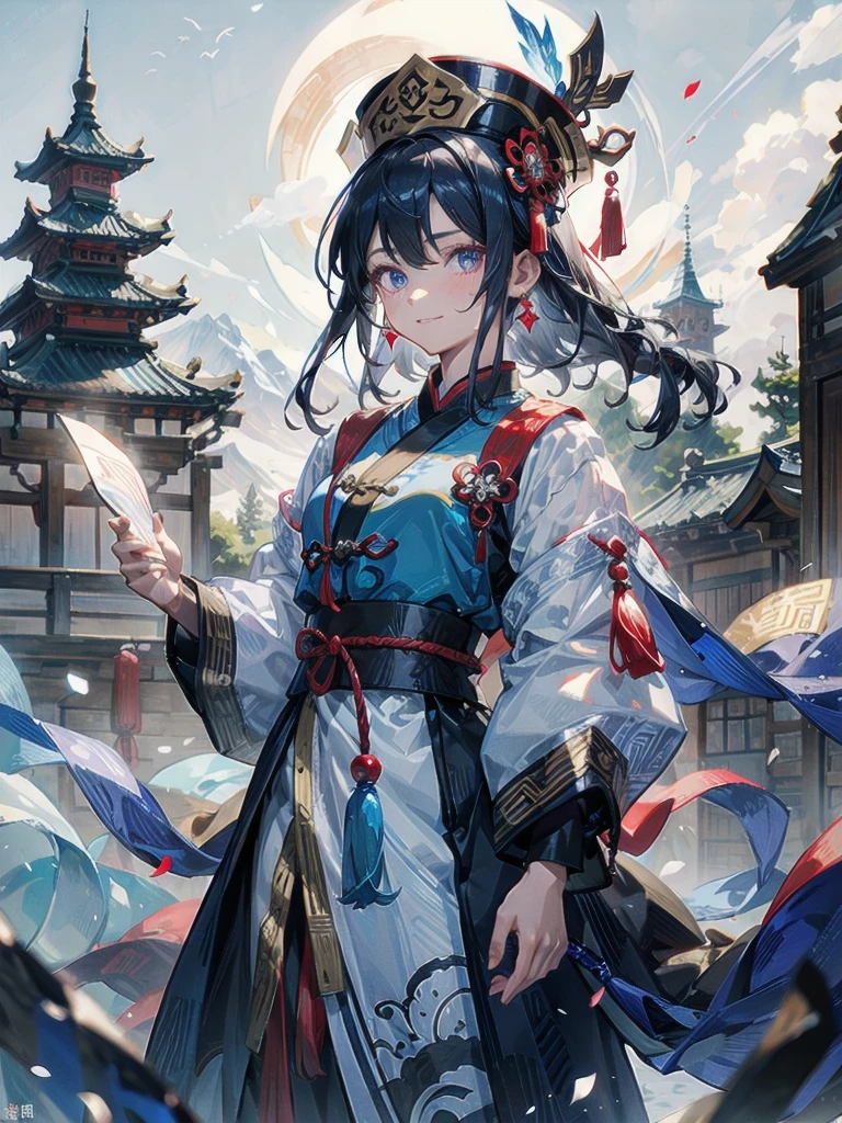 dress, braid, chinese clothes, blue headwear, ofuda, blue skin, jiangshi, qing guanmao, absurdres, RAW photo, extremely delicate and beautiful, masterpiece, Best Quality, ultra high resolution, 32k, hyperrealistic, ultra-detailed, detailed description, pale skin, 20 years old, detailed beautiful face and eyes, tearful mole, earring, Colossal tits, short medium hair, wavy hair, evil grin, whole body shot,