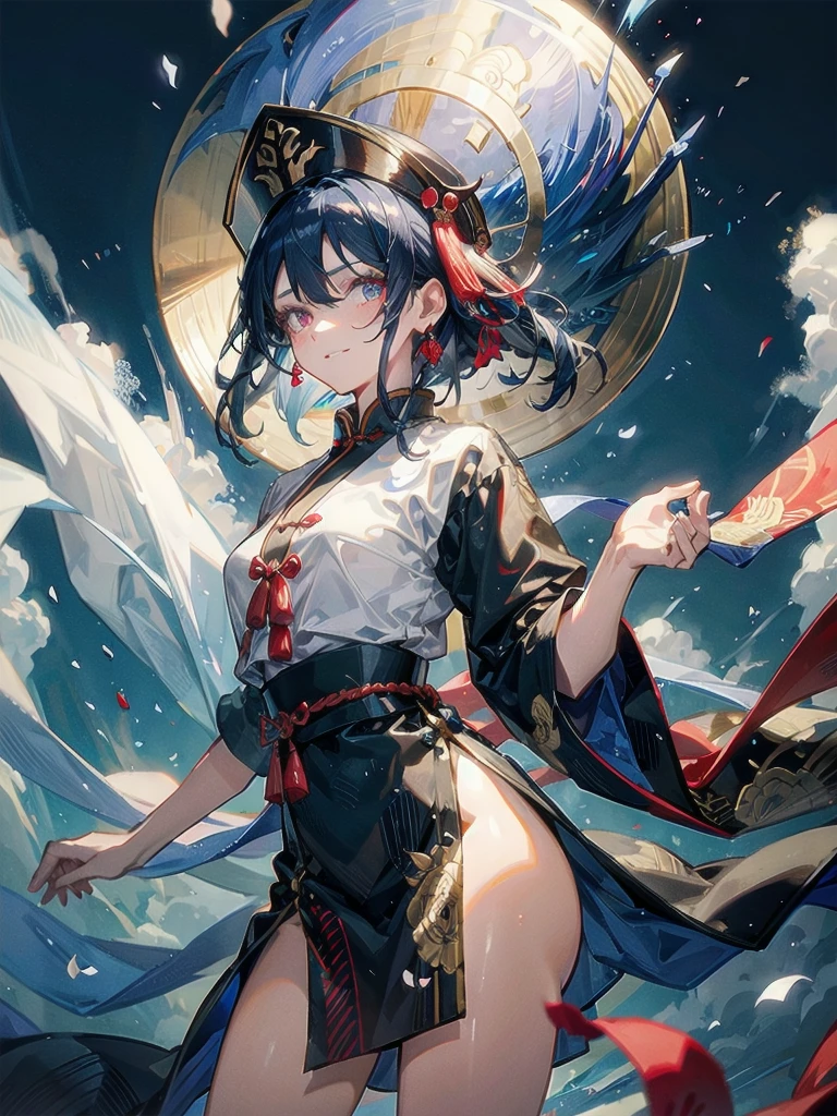 dress, braid, chinese clothes, blue headwear, ofuda, blue skin, jiangshi, qing guanmao, absurdres, RAW photo, extremely delicate and beautiful, masterpiece, Best Quality, ultra high resolution, 32k, hyperrealistic, ultra-detailed, detailed description, pale skin, 20 years old, detailed beautiful face and eyes, tearful mole, earring, Colossal tits, short medium hair, wavy hair, evil grin, whole body shot,