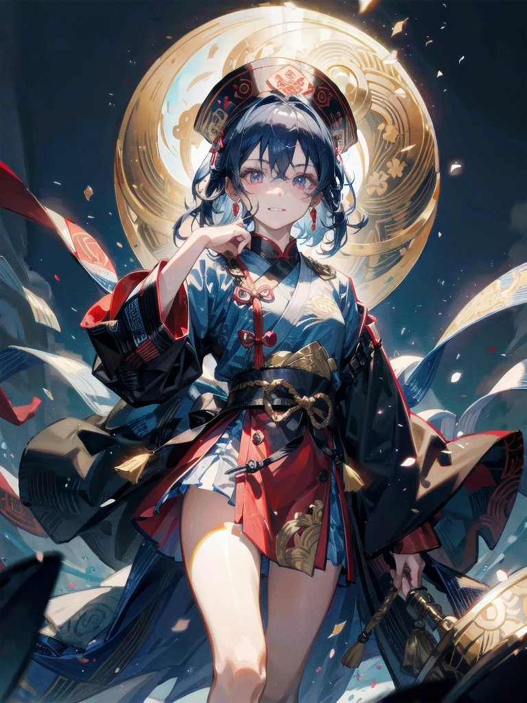 dress, braid, chinese clothes, blue headwear, ofuda, blue skin, jiangshi, qing guanmao, absurdres, RAW photo, extremely delicate and beautiful, masterpiece, Best Quality, ultra high resolution, 32k, hyperrealistic, ultra-detailed, detailed description, pale skin, 20 years old, detailed beautiful face and eyes, tearful mole, earring, Colossal tits, short medium hair, wavy hair, evil grin, whole body shot,