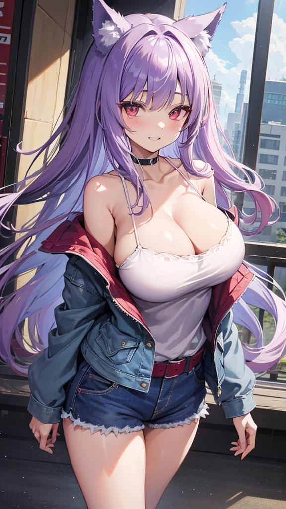 最高masterpiece、Wolf Girl, Large Breasts, Voluminous light purple hair, masterpiece , Red eyes, hd, Thick thighs, Head to Chest, buried in my chest、Double teeth、tooth、Chubby、Grinning、camisole、Big Tits、Denim Jacket、white iris、