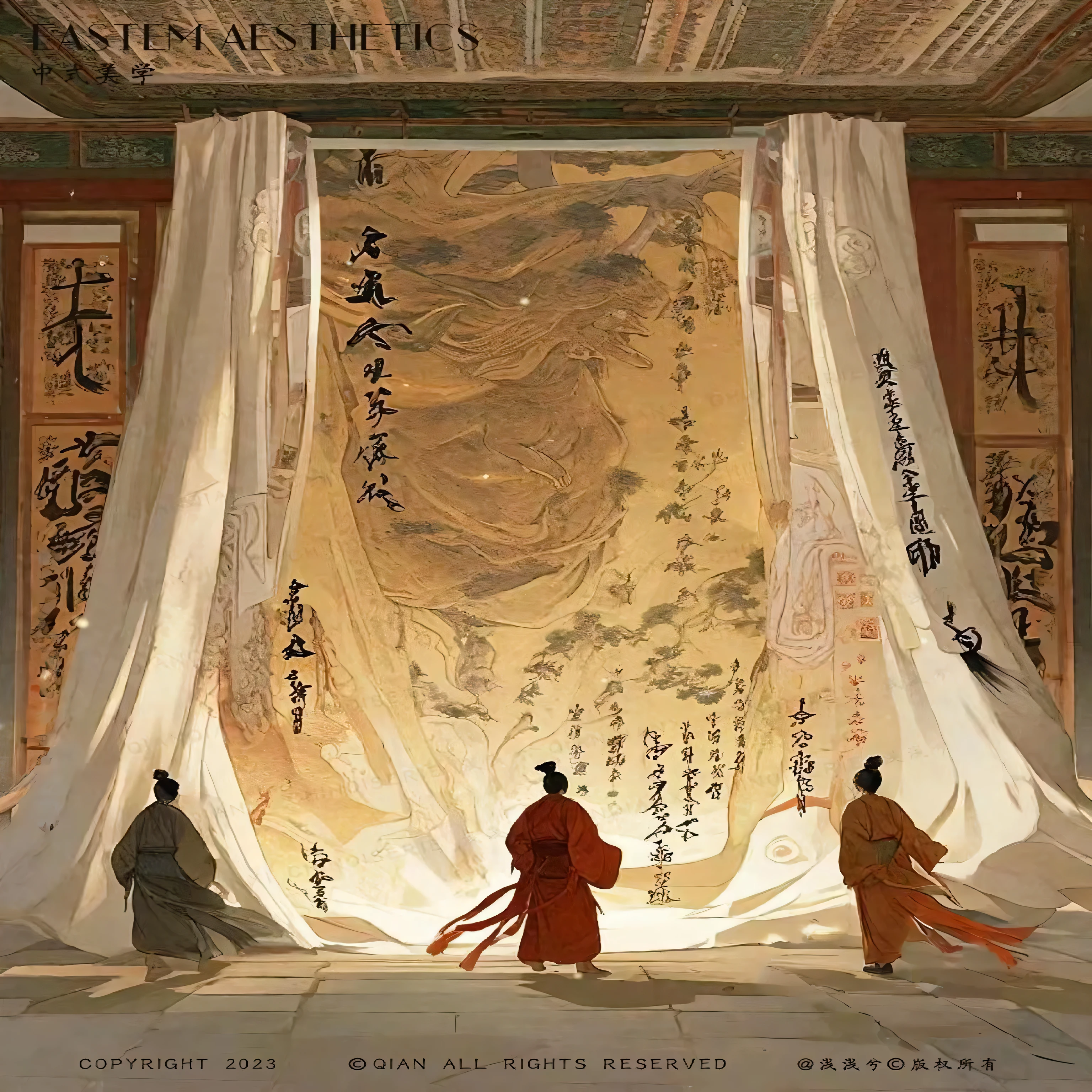 Two people are standing in front of a large painting, Inspired by Emperor Huizong of Song, Beautiful rendering of the Tang Dynasty, Chinese Surrealism, Ancient Chinese Art Style, In line with Chinese aesthetics, Inspired by Tang Yin, Chinese painting style, Inspired by Ma Yuan,