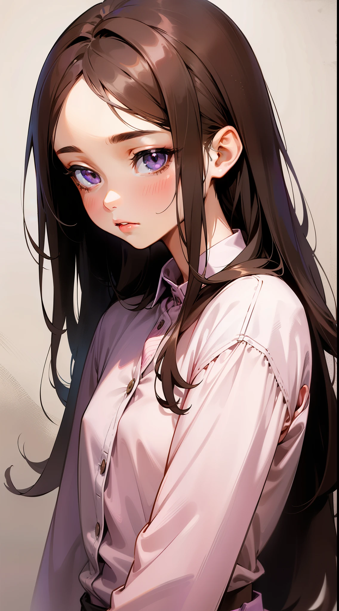 Girl, long brown hair, dark gray eyes, sharp features, small sharp nose, small and soft pink lips, white skin, beautiful, purple shirt