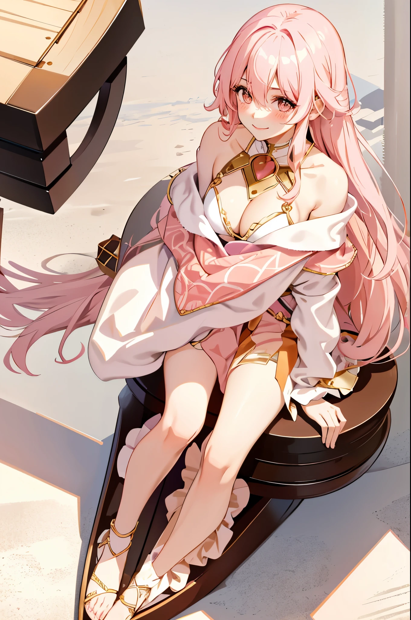 solo, long pink hair, peach eyes, sweet smile, subtle blush, large chest