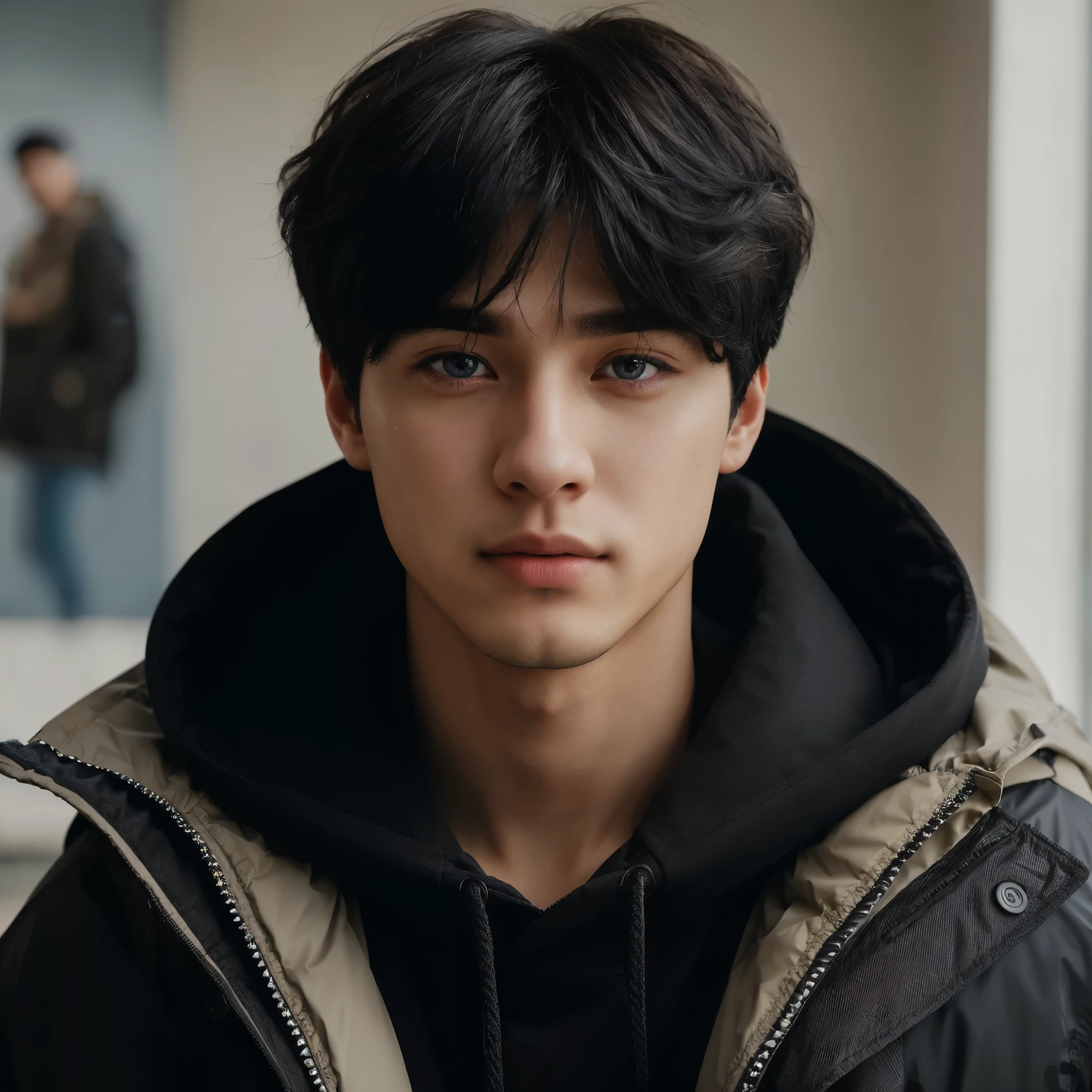 25 year old teenager, black hair, blue eyes, light skin, black jacket parka, handsome, Korean features, ultra realistic, 8k, high definition, high quality, natural light, ambient light, cinematic.