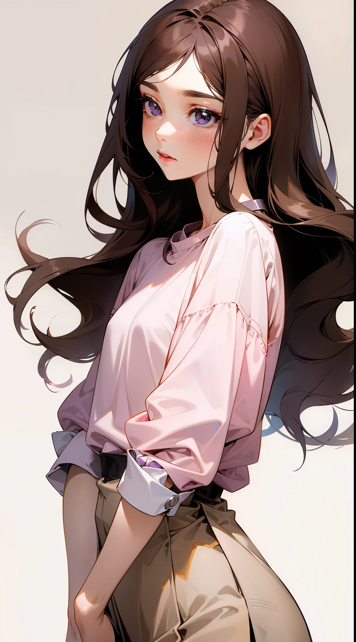 Girl, long brown hair, dark gray eyes, sharp features, small sharp nose, small and soft pink lips, white skin, beautiful, purple shirt