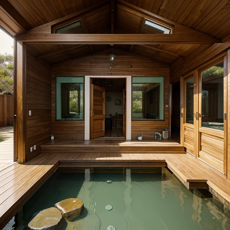 A house similar to a beach cabin but the door opens onto a room with the aura of a bachroom that has a small bridge that leaves the door towards a very deep lake of water with some stones around it that come to the surface., y muchas plantas de playa