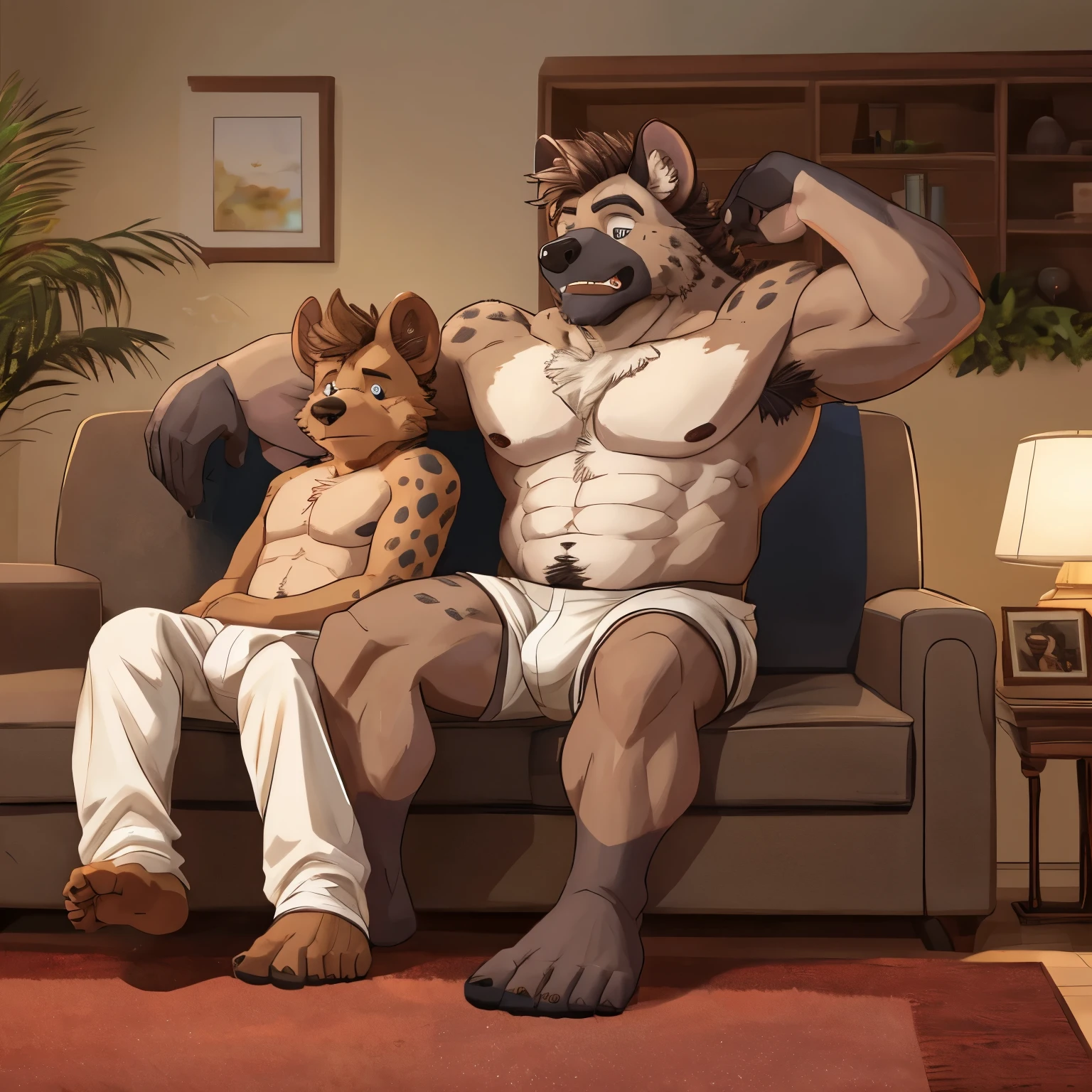 Hyenas, duo, male people,shaggy,Furry,burly build,2boy,father relaxing on couch with big feet up, showing soles, leg crossed, his adult son standing nervous, bashful, ((detailed bulges)) musculature,burly build,Male crotch,perspired,dirty white socks ((irate)), show feet, vred,e621, living room