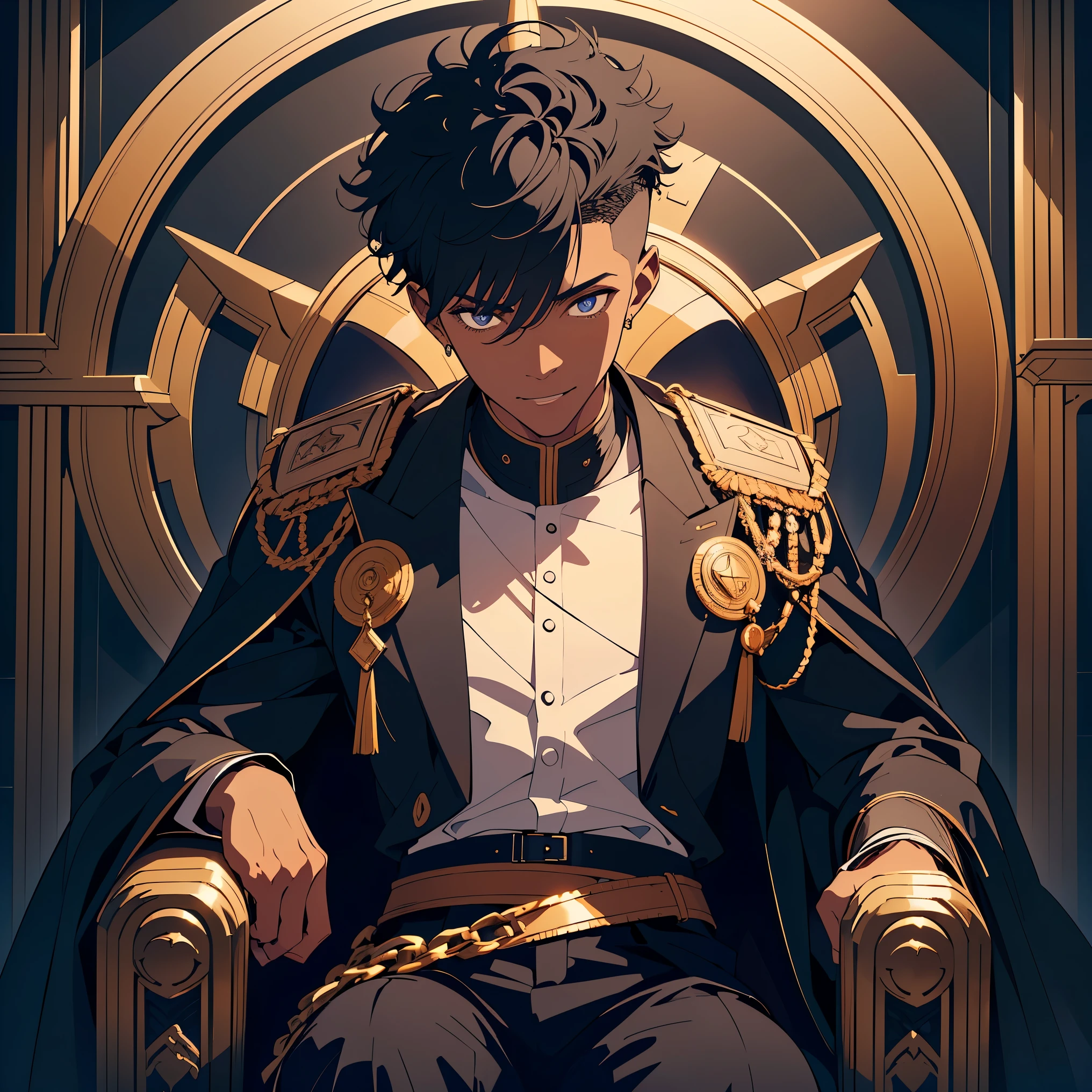 (young man 1,round face, black skin,afro fade haircut),(black jacket,evil,evil smile,horror),Sitting on the throne,highly detailed CG, unit, 8K wallpapers, highest quality, high resolution, beautiful lighting, realistic shadow,detailed face Highly,detailed eyes Highly,detailed hair Highly