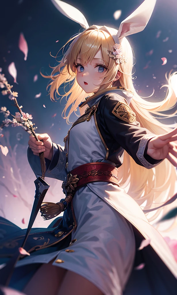 1people々々々々々々々々々々々々々々々々々々々,Woman with medium length blonde hair,Bunny ears,Long coat,Takageta, Dress Silhouette, Rear View,Space Sky, Flower Field,Colorful flowers,Dancing Petals,full moon,shrine,