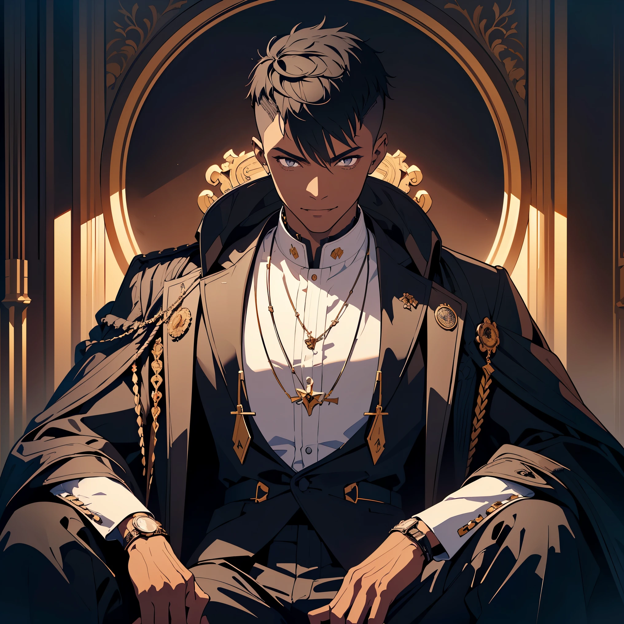 (young man 1,round face, black skin,afro fade haircut),(black jacket,evil,evil smile,horror),Sitting on the throne,highly detailed CG, unit, 8K wallpapers, highest quality, high resolution, beautiful lighting, realistic shadow,detailed face Highly,detailed eyes Highly,detailed hair Highly
