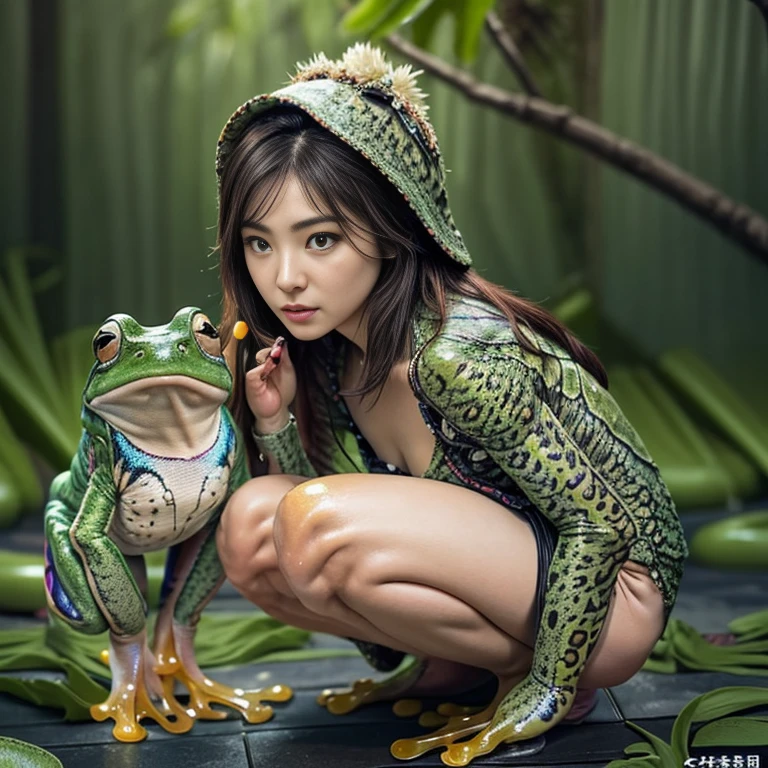 (highest quality、4k、8k、High resolution、masterpiece: 1.2)、Super detailed、(Real、Photorealistic、Photorealistic: 1.37)、Full Body Portrait、media: Fantasy、Horror、ダーク Fantasy、Creatures、ハイブリッド Creatures、(Anatomically correct fingers: 1.4 )、(The upper body of a beautiful young woman)and((A hybrid creature with the lower body of a frog: 1.5))、(Squats with legs open:1.5)、Visualization of mythical creatures、yukata、At night in the swamp、Dark atmosphere、Dim color、Spooky lighting、looking at the camera