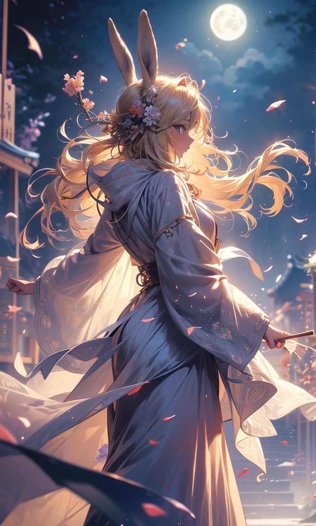 1people々,Woman with medium length blonde hair,Bunny ears,Long coat,Takageta, Dress Silhouette, Rear View,Space Sky, Flower Field,Colorful flowers,Dancing Petals,full moon,shrine,