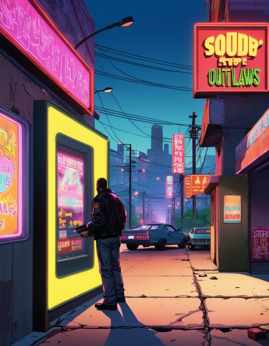 GTA-style artwork In a world where only outlaws exist, the landscape is one of desolation, where law and order have fallen by the wayside. The outlaws live unrestrained, creating their own rules. Transactions take place at street corners, and the night seems never to wake. Neon signs flicker, serving as the sole illumination in this lawless land. satirical, exaggerated, pop art style, vibrant colors, iconic characters, action-packed