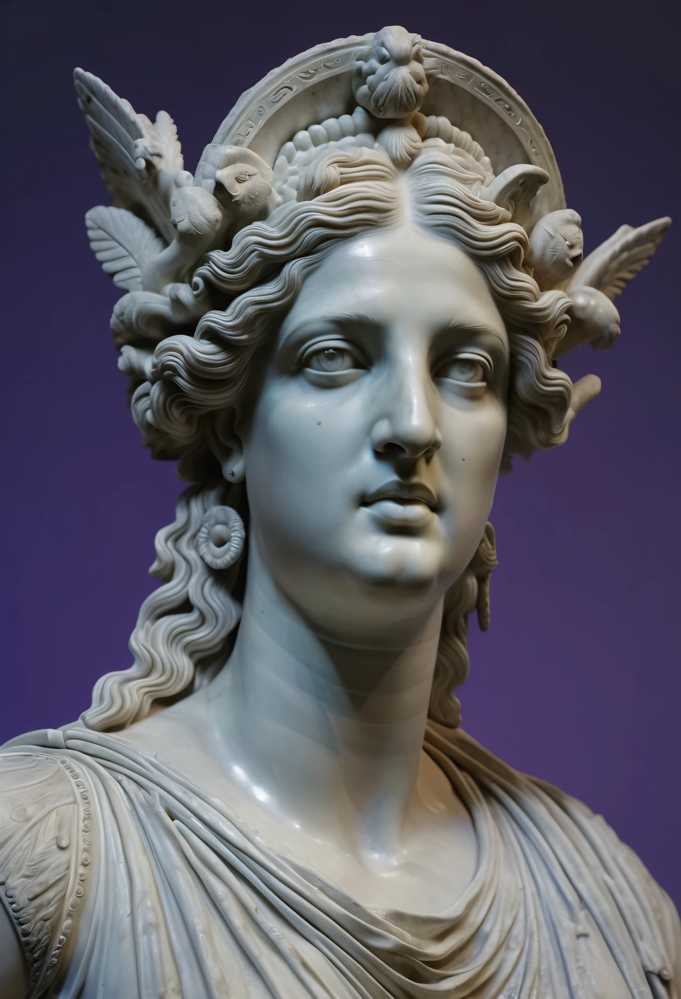 Marble Sculpture, portrait of The Goddess Hera, realistic, lavender bioluminescent, Hyperrealistic, gradient Background, realistic, aesthetic, art by Michel Ange in the style of, Artstation, highly elegant details scenery with meticulous realism details revealing his mythological divine characteristics, insanely octane render trending 4k, photo realistic, cinematic, movie still, captured in the style of Sony Alpha A7 III camera