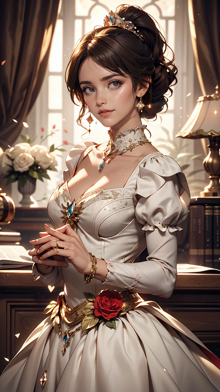 Dramatic composition, Court-style dress, Royal, nice, カスケードFrills, Frills, bow, Crystal Chandelier, Roman Curly Hairstyles, to place, Drill-like double ponytail, Looking at the camera, bangs, Maximalism, Palace-like background, Delicate depiction of hair and eyes, Princess Dress, nice skirts, Flowers in hands, smile, Starry Eyes, Cinematic Light, Extremely detailed, High resolution, Happy girl, Very long hair, diamond, broken diamond, Crystal Fragment, Particles of light