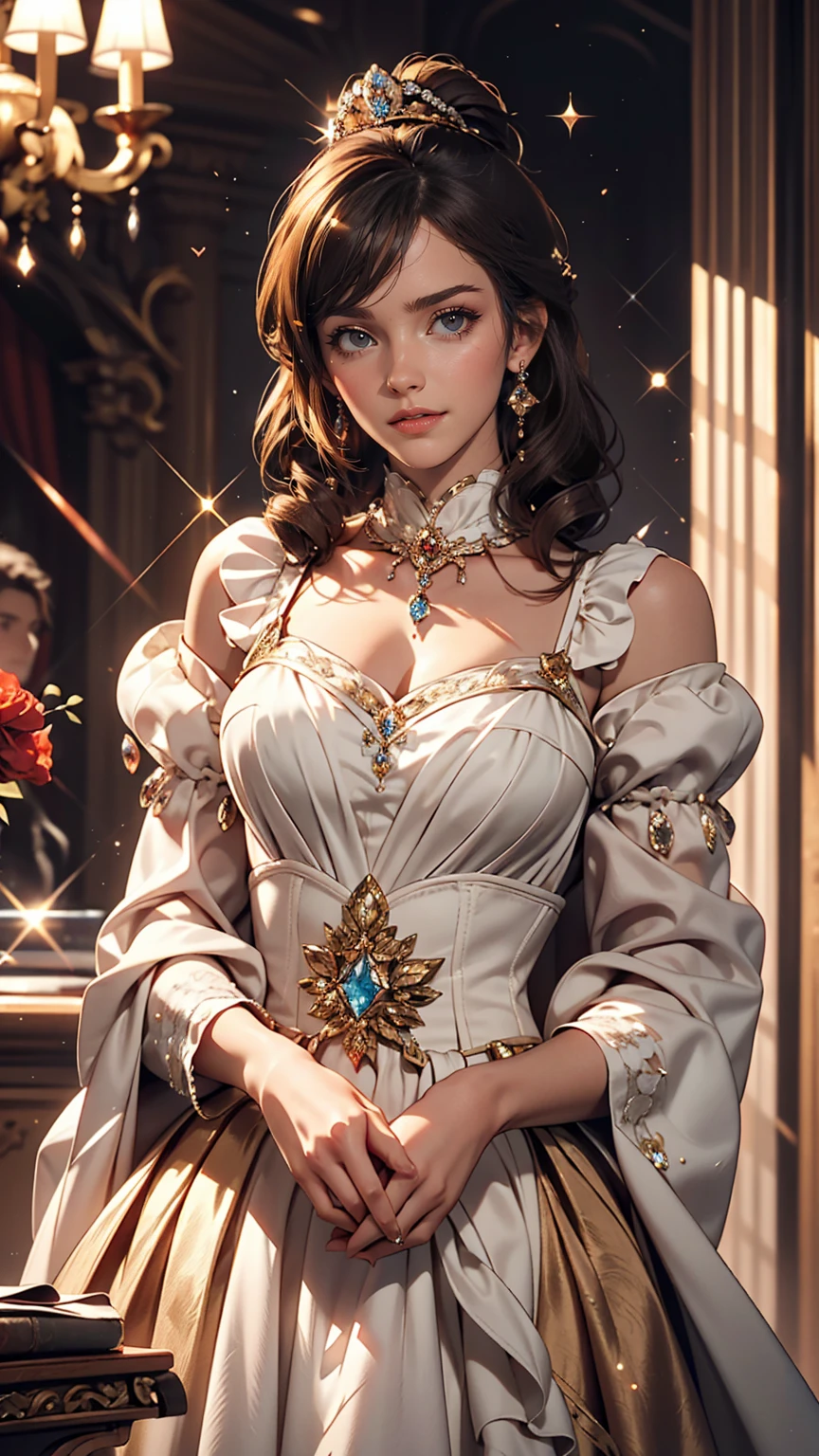 Beautiful young princess with black hair and blue eyes, She is wearing a beautiful long white dress