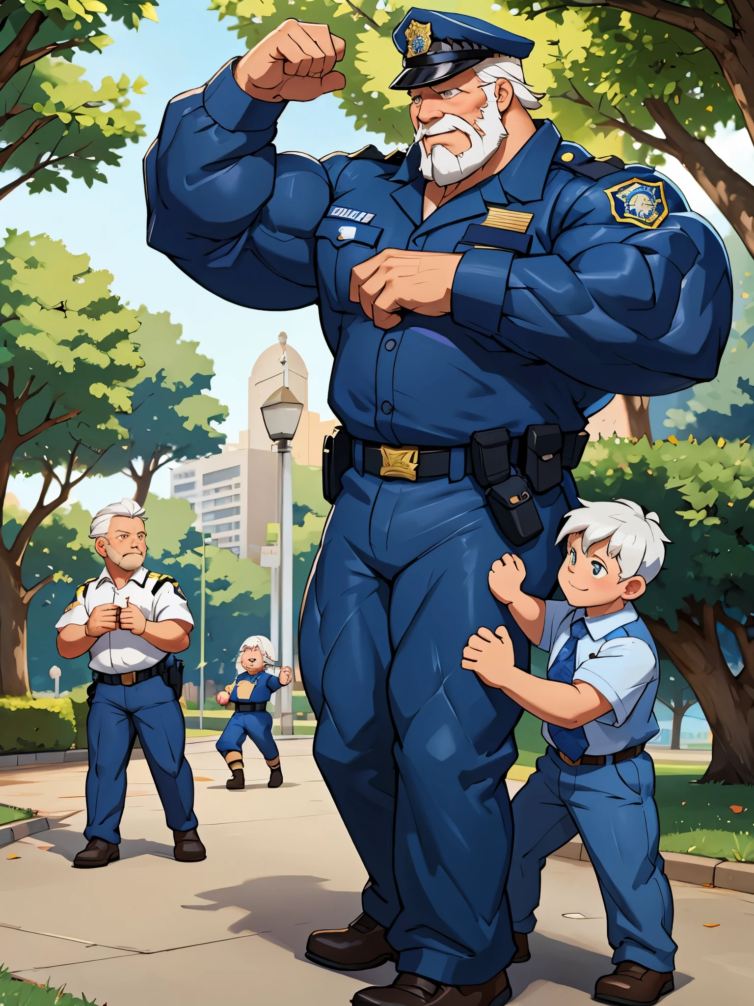 huge muscular old police, old man, white hair, playing with children in park