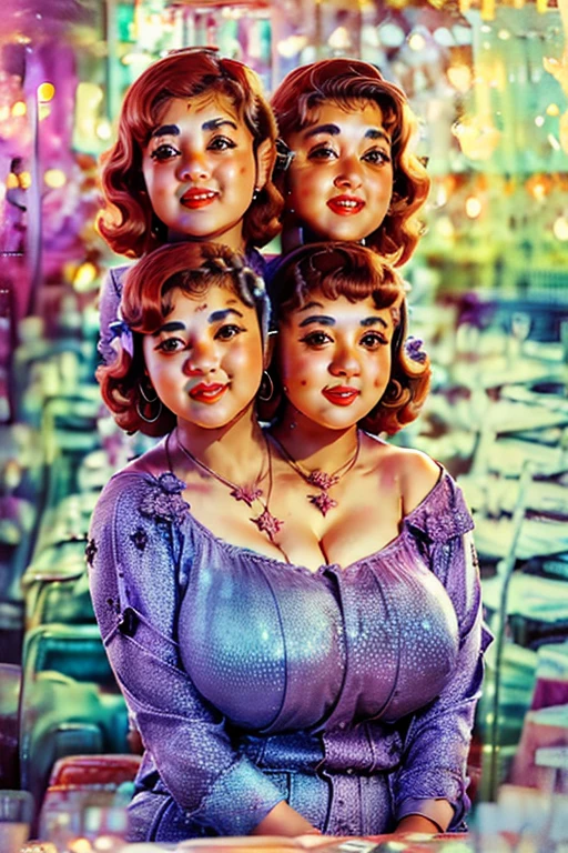 (((((photo))))), (((2heads:2))), (scarlett with red hair and green eyes sitting at a booth, sipping a milkshake), (realistic:1.5), (nsfw), ((wearing purple long sleeve tee shirt, flower pattern)), (wearing jeans), (masterpiece), (specular lighting:1.3), (hyperrealistic:1.2), (photorealistic face:1.2), (perfect face), (perfect eyes), (best quality), (8k), (4k), sharp focus, octane render, best quality, extremely detailed, intricate, fantasy, soft lighting, (gigantic hanging breasts), (skindentation:1.3), (chubby:1.4), (voluptuous:1.4), thick eyelashes, long eyelashes, (wearing small cross necklace), smile, blushing, hoop earrings, ((morning:1.5)), (retro diner, crowd of people, restaurant:1.3), comfy, cosy, looking at viewer, detailed skin