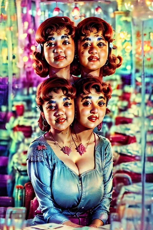 (((((photo))))), (((2heads:2))), (scarlett with red hair and green eyes sitting at a booth, sipping a milkshake), (realistic:1.5), (nsfw), ((wearing purple long sleeve tee shirt, flower pattern)), (wearing jeans), (masterpiece), (specular lighting:1.3), (hyperrealistic:1.2), (photorealistic face:1.2), (perfect face), (perfect eyes), (best quality), (8k), (4k), sharp focus, octane render, best quality, extremely detailed, intricate, fantasy, soft lighting, (gigantic hanging breasts), (skindentation:1.3), (chubby:1.4), (voluptuous:1.4), thick eyelashes, long eyelashes, (wearing small cross necklace), smile, blushing, hoop earrings, ((morning:1.5)), (retro diner, crowd of people, restaurant:1.3), comfy, cosy, looking at viewer, detailed skin