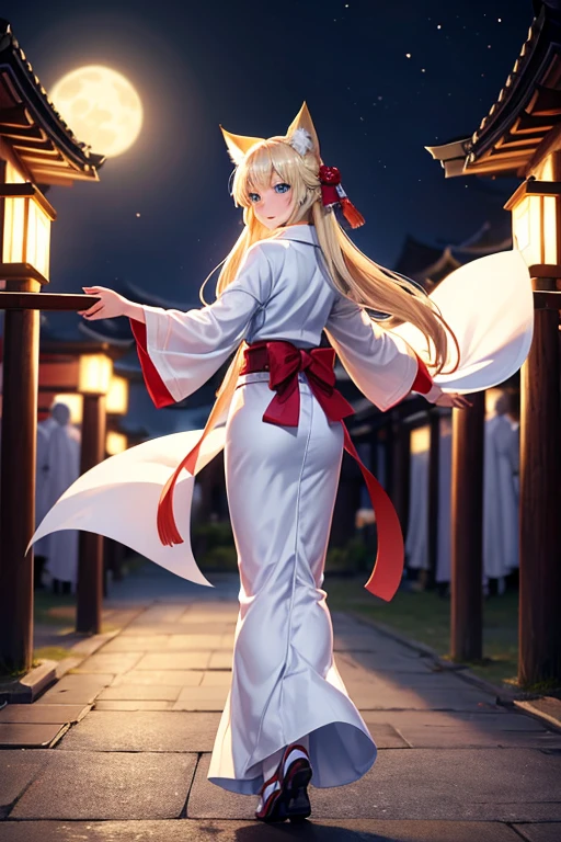 Long blonde young man There are no tits Kemomimi Blue Eyes White kimono Fan in hand Back view Turning around Smiling shyly dancing with arms outstretched Domestic torii night darkness unrealistic Fox fire all around