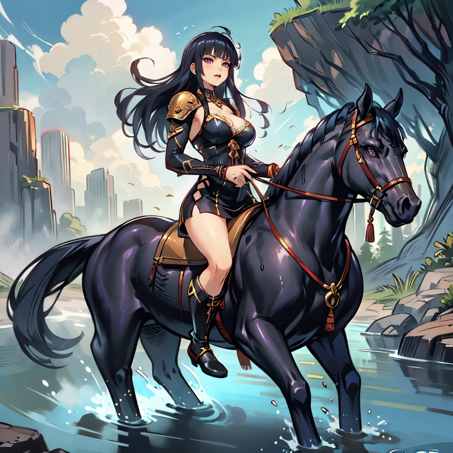 ((best quality)), ((anime masterpiece)), (high detailed), 8k, perfect face, large breast, cleavage, female knight riding a BLACK HORSE, (long hair, {black hair}, black armor, black miniskirt, black leather boots), wet bodies, open little mouth solo, both hand holding rein, in the river+, swimming in the river++, from side, anatomically correct