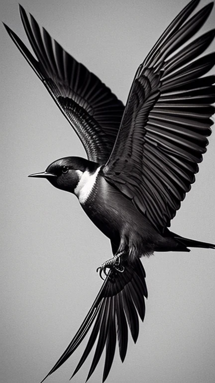 Swallow tattoo design, spreading wings, line art, black and grey, rendered in a photorealistic style with sharp edges and a lonely atmosphere.