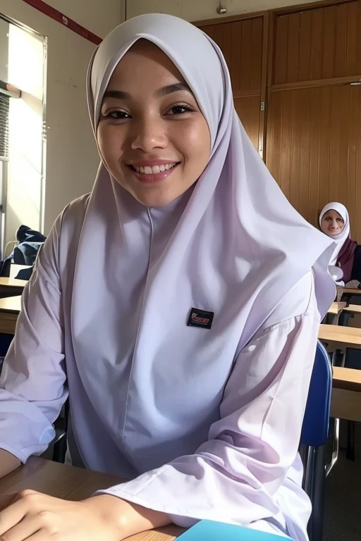 a close up selfie of a woman in a classroom, sitting on a chair in front of a table, sun kissed, warm lighting, daytime, looking at viewer, smiling, (baju kurung, white hijab:1.2)