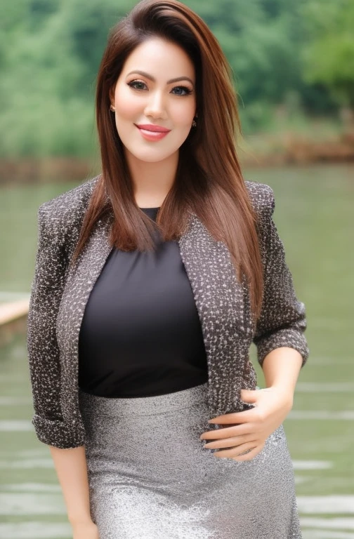 a photo of a woman, stylish, outdoor professional portrait, head-shot, slight smile, cute, monsoon wether,munmun,full body, mini skirt, big ass, big breast. 