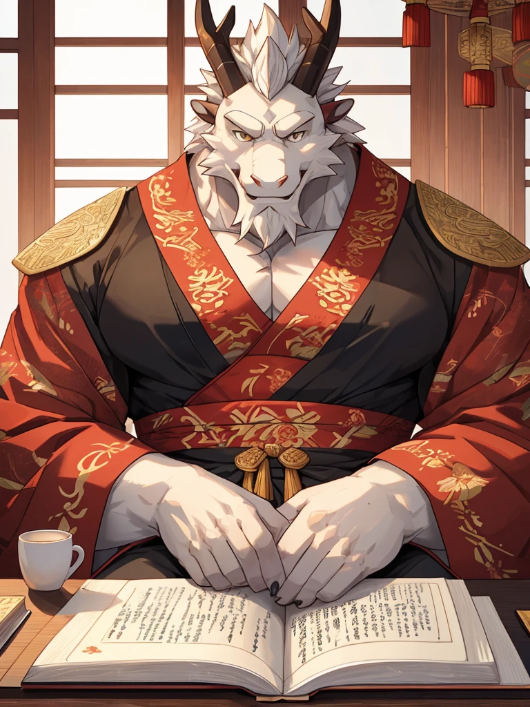 (white eastern dragon),furry,fuii body shot,white mustache,big pecs,hearty males,artbook,muscular,imperial robe,holding_stylus,sitting_on_desk,adult,traditional_chinese_room