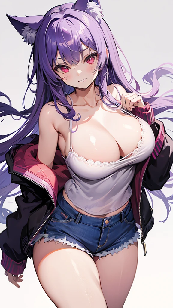 最高masterpiece、Wolf Girl, Large Breasts, Voluminous light purple hair, masterpiece , Red eyes, hd, Thick thighs, Head to Chest, buried in my chest、Double teeth、tooth、Chubby、Grinning、camisole、Big Tits、Denim Jacket、white iris、