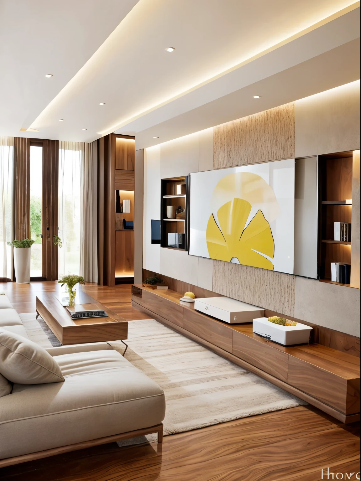 The living room's furniture
  minimalism, walnut and white paneling, rough-hewn materials, exposed wood, plastered walls, tiled floors, refrigerator, cozy lighting