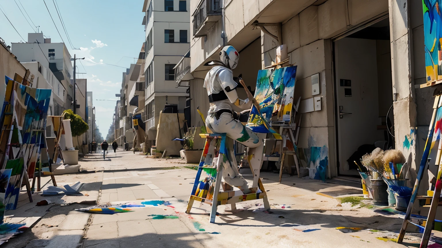 a robot (painting a paint with a brush:1.4) outside of a futuristic city