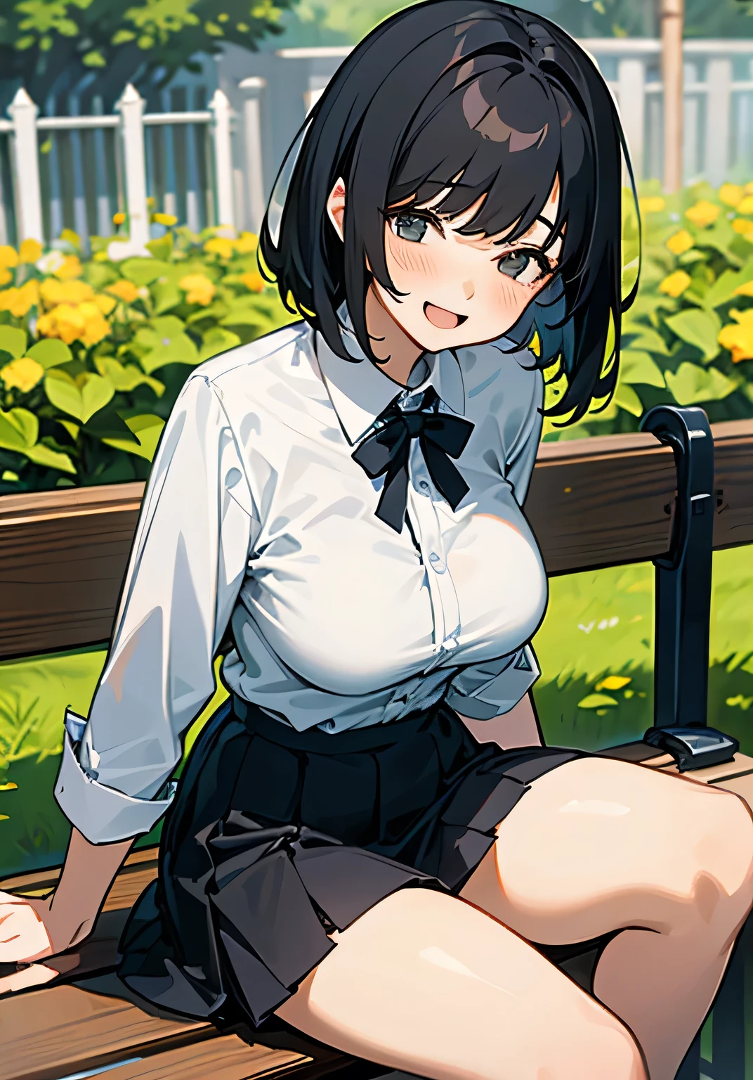 24 year old girl, A seductive smile, blush, summer one piece skirt, mini skirt, Being in the park, black hair, japanese girl, Skirt flip, Panty shot, (white lace panties), She opens her legs and shows her panties., spread legs, Nipples visible through thin shirt, sexually seducing, 左膝を立てている