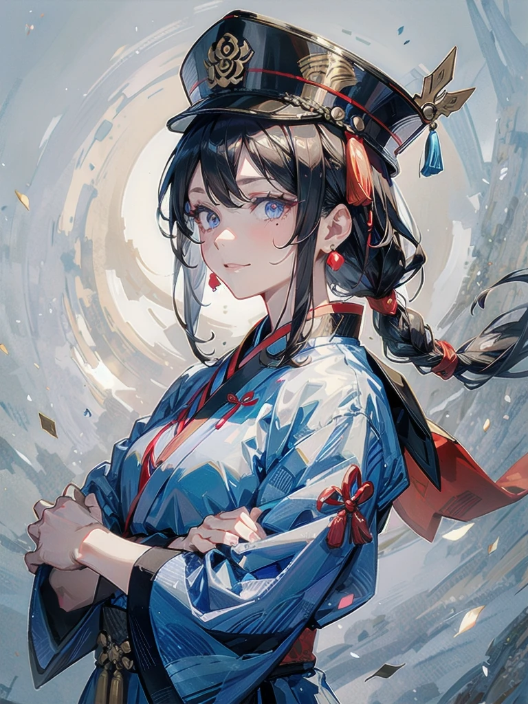 ((Ofuda pasted on the face)), dress, braid, chinese clothes, blue headwear, ofuda, blue skin, jiangshi, qing guanmao, absurdres, RAW photo, extremely delicate and beautiful, masterpiece, Best Quality, ultra high resolution, 32k, hyperrealistic, ultra-detailed, detailed description, pale skin, 20 years old, detailed beautiful face and eyes, tearful mole, earring, Colossal tits, short medium hair, wavy hair, evil grin, whole body shot,