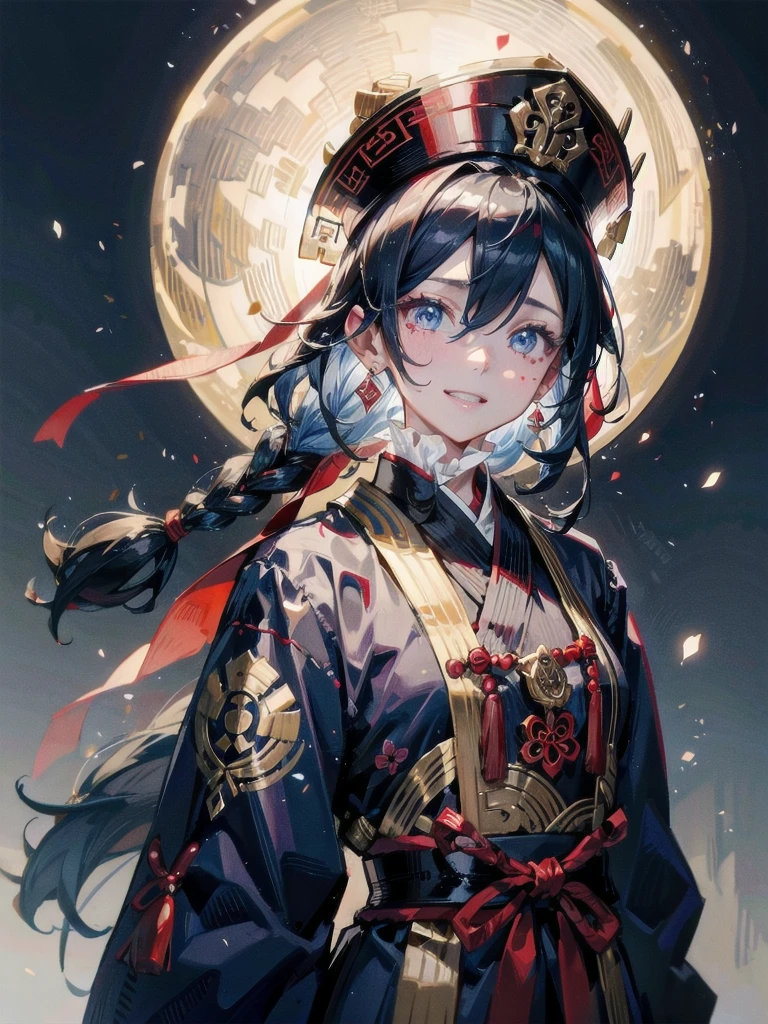 ((Ofuda pasted on the face)), dress, braid, chinese clothes, blue headwear, ofuda, blue skin, jiangshi, qing guanmao, absurdres, RAW photo, extremely delicate and beautiful, masterpiece, Best Quality, ultra high resolution, 32k, hyperrealistic, ultra-detailed, detailed description, pale skin, 20 years old, detailed beautiful face and eyes, tearful mole, earring, Colossal tits, short medium hair, wavy hair, evil grin, whole body shot,