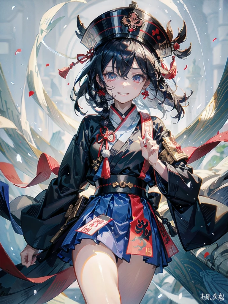 ((Ofuda pasted on the face)), dress, braid, chinese clothes, blue headwear, ofuda, blue skin, jiangshi, qing guanmao, absurdres, RAW photo, extremely delicate and beautiful, masterpiece, Best Quality, ultra high resolution, 32k, hyperrealistic, ultra-detailed, detailed description, pale skin, 20 years old, detailed beautiful face and eyes, tearful mole, earring, Colossal tits, short medium hair, wavy hair, evil grin, whole body shot,