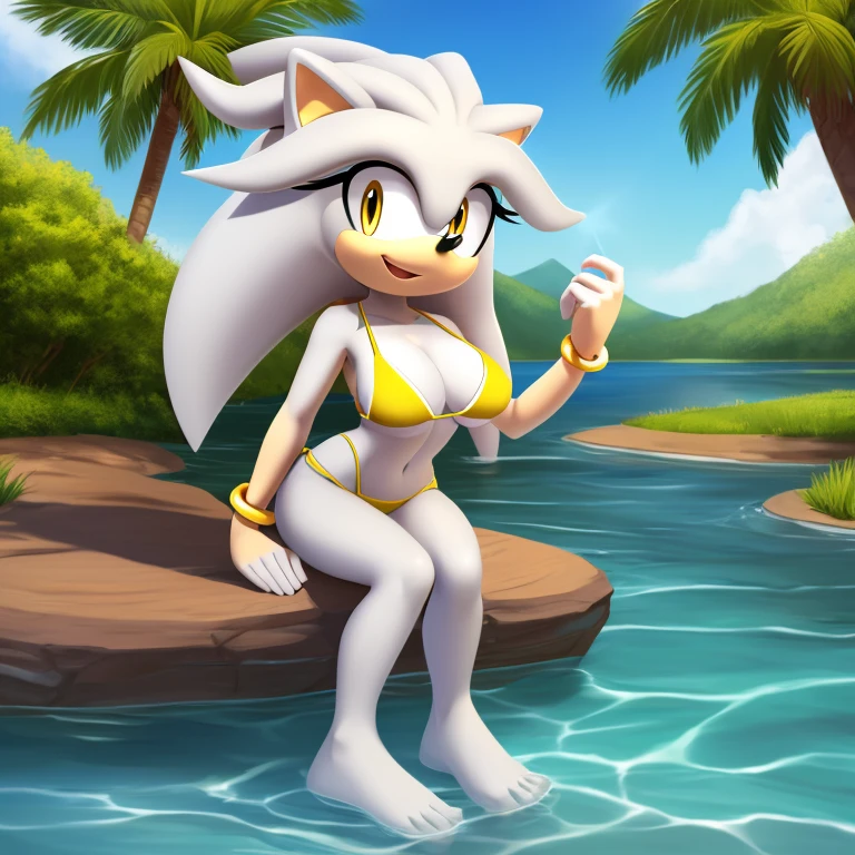 Mobian, female, (hedgehog similar to Silver the Hedgehog but female), white fur, yellow eyes,medium breasts,red bikini top with golden ring on the middle,red bikini bottom with golden rings at both sides,perfect female shape,medium large breasts,full body,(lake forest background),bank of a river, sleeveless, golden rings bracelets,shoeless, (very long wavy ponytail), ((solo)), ((1girl)), smiling expression,((solo)), ((1girl)), smile, one hand on hip