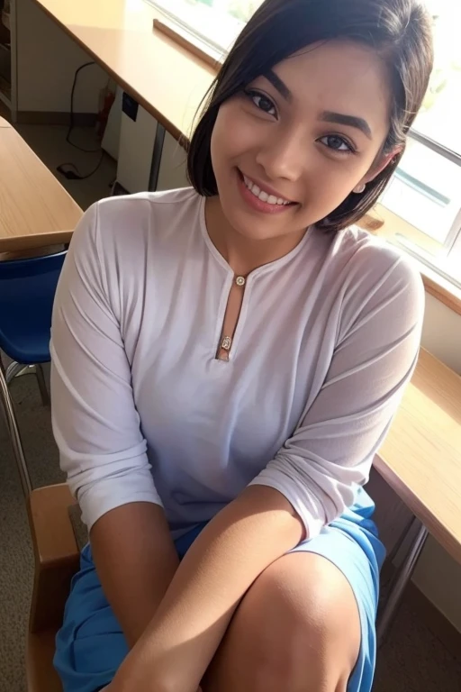 a close up selfie of a woman in a classroom, sitting on a chair in front of a table, sun kissed, warm lighting, daytime, looking at viewer, smiling, (baju kurung:1.2)