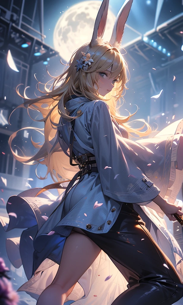 1people々々,Woman with medium length blonde hair,Bunny ears,Long coat,Takageta, Dress Silhouette, Rear View,Space Sky, Flower Field,Colorful flowers,Dancing Petals,full moon,