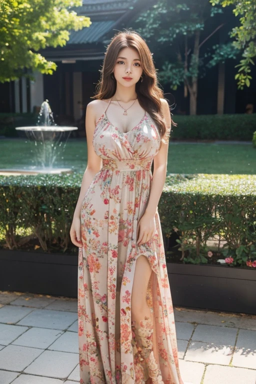 RAW, Best quality, high resolution, masterpiece: 1.3), beautiful 1 woman ,Masterpiece, perfect slim fit body, (Huge breasts), big gorgeous eyes,long hair, brown hair, huge breasts, curvy, pretty,  Soft smile, wearing a long flowery dress, floral, stylish dress, floral art novuea dress,, long dress, necklace, afternoon walk, City garden, Excellent lighting, Bright colors, Clean lines