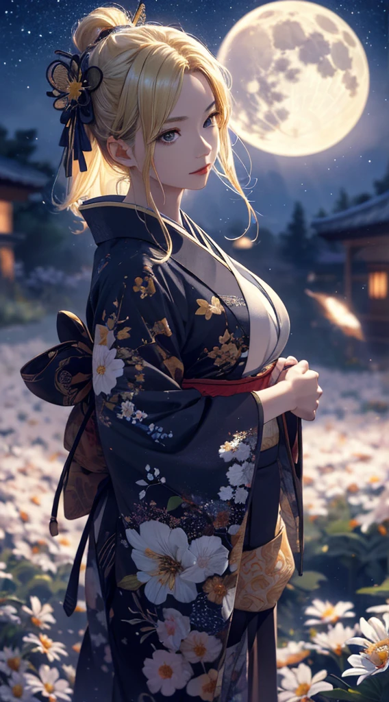 masterpiece, high quality, 4K, Beautiful design, silhouette，blonde， 非常に詳細な夜のStarry Sky,Flower Field， wonderful, Finer details,  Very knowledgeable woman, Highly detailed solo, 1 female,Beautiful Eyes，I like rumors，Big Breasts，kimono，Night view，Starry Sky，full moon，